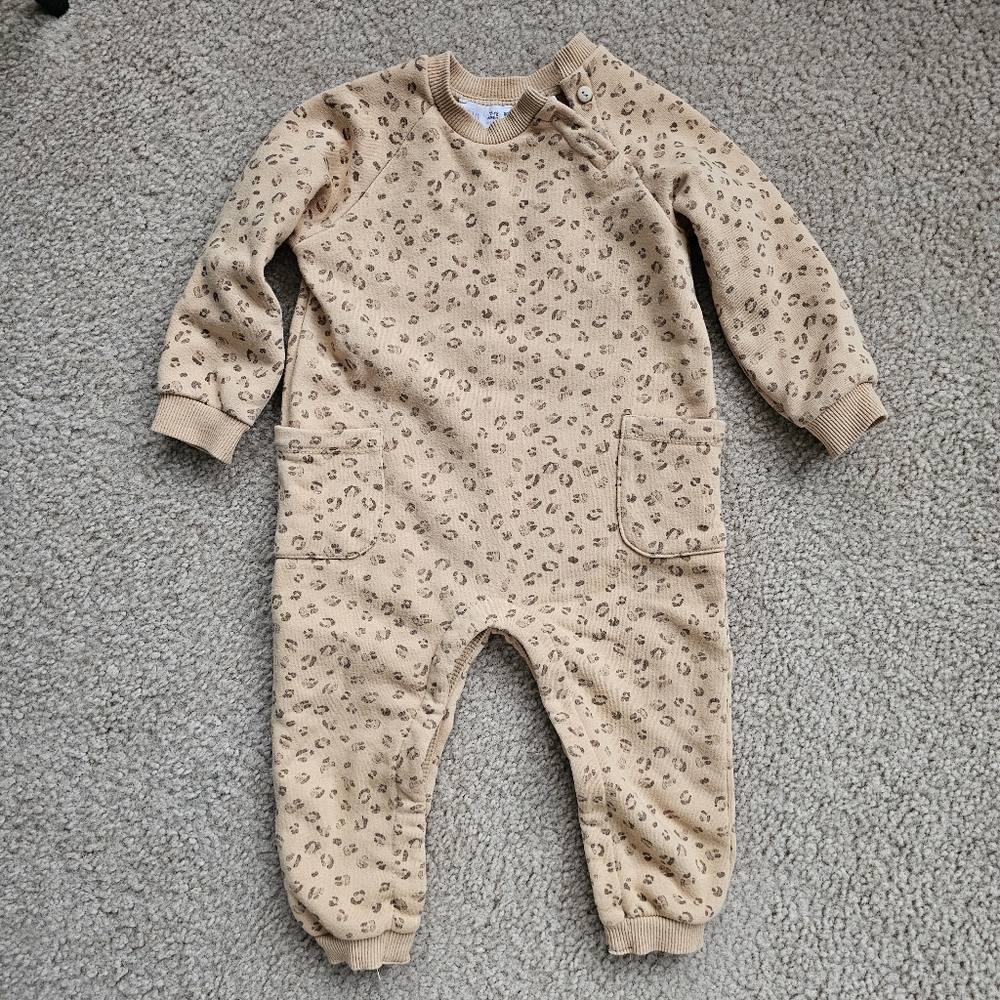 ZARA romper one piece brown cheetah print snap pockets size 12-18 months